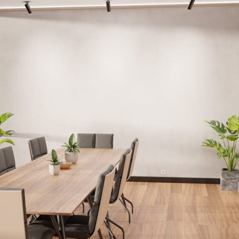 Blank wall Mockup in bright wooden office with large windows and sun passing through. Empty company meeting room 3D rendering